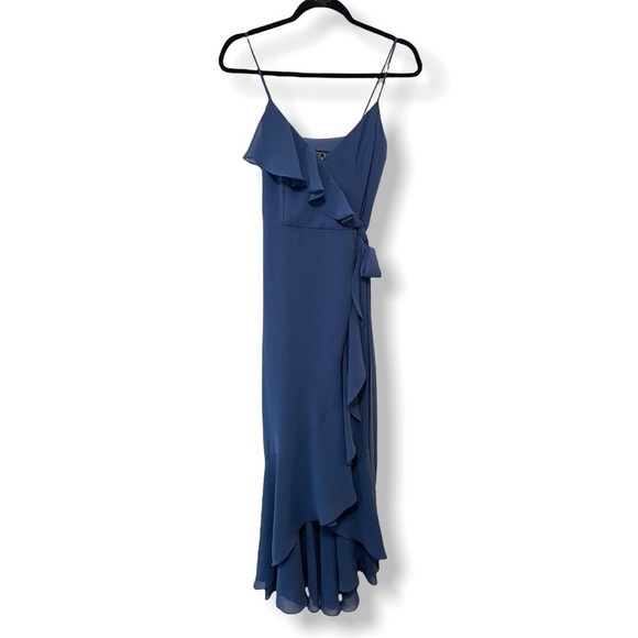 Dessy Collection Social Bridesmaids Blue 8198 Crepe Ruffled High Low Wrap Dress - Picture 2 of 7